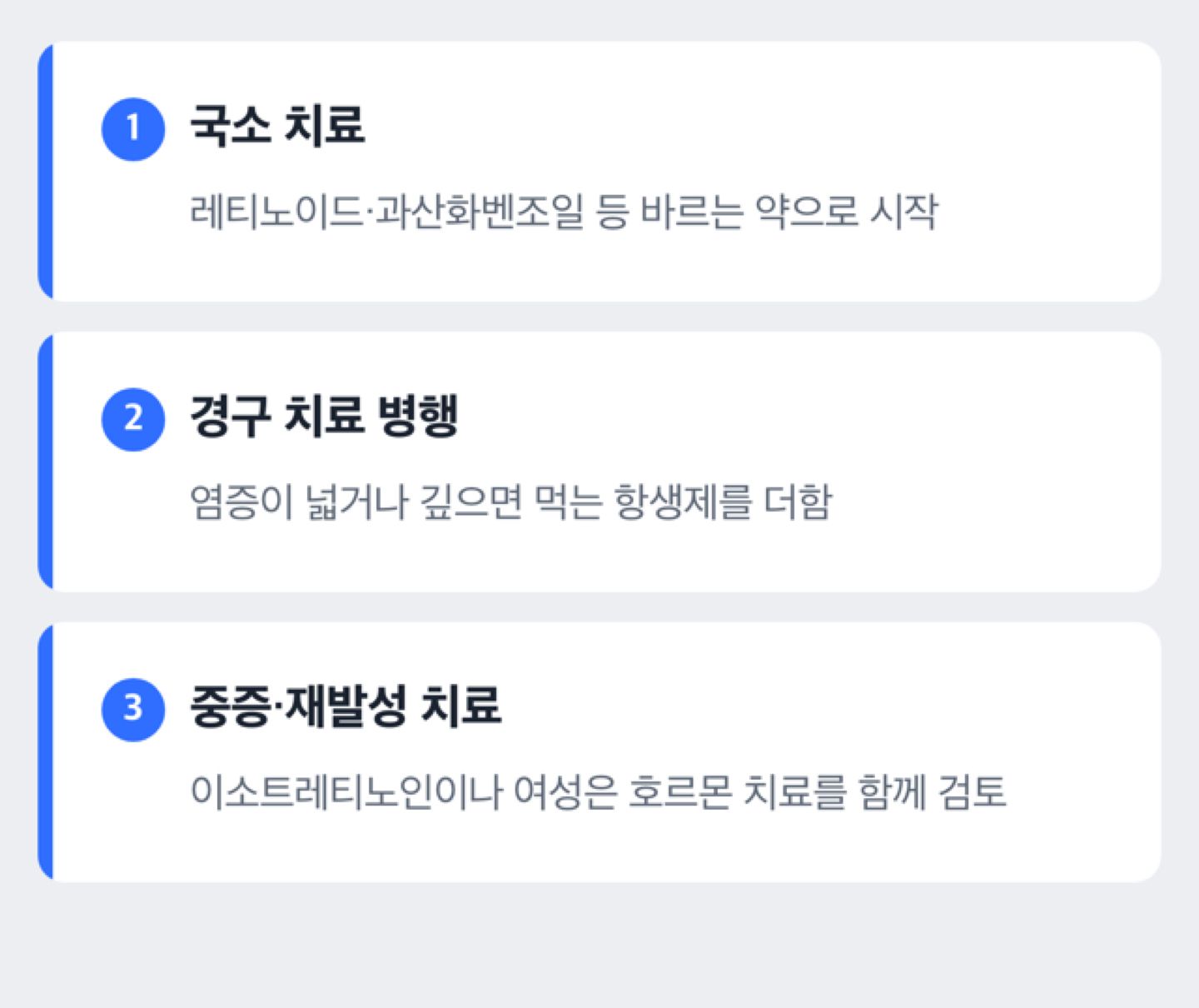 성인 여드름 치료가 국소치료에서 경구치료, 중증 치료로 올라가는 단계 흐름