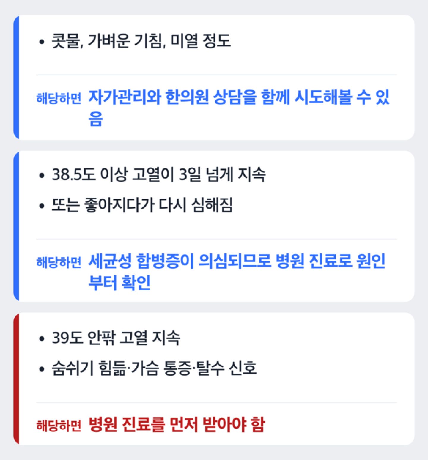 감기 증상 정도에 따라 자가관리와 병원 진료 중 무엇이 다른지 보여주는 판단 흐름도