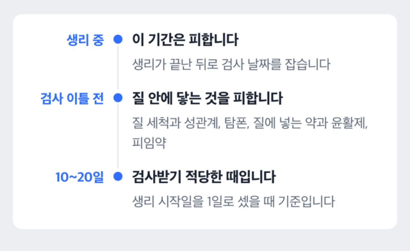 생리 중에는 피하고 검사 이틀 전 주의사항을 지킨 뒤 시작일 10~20일 사이에 검사받는 순서를 나타낸 도해
