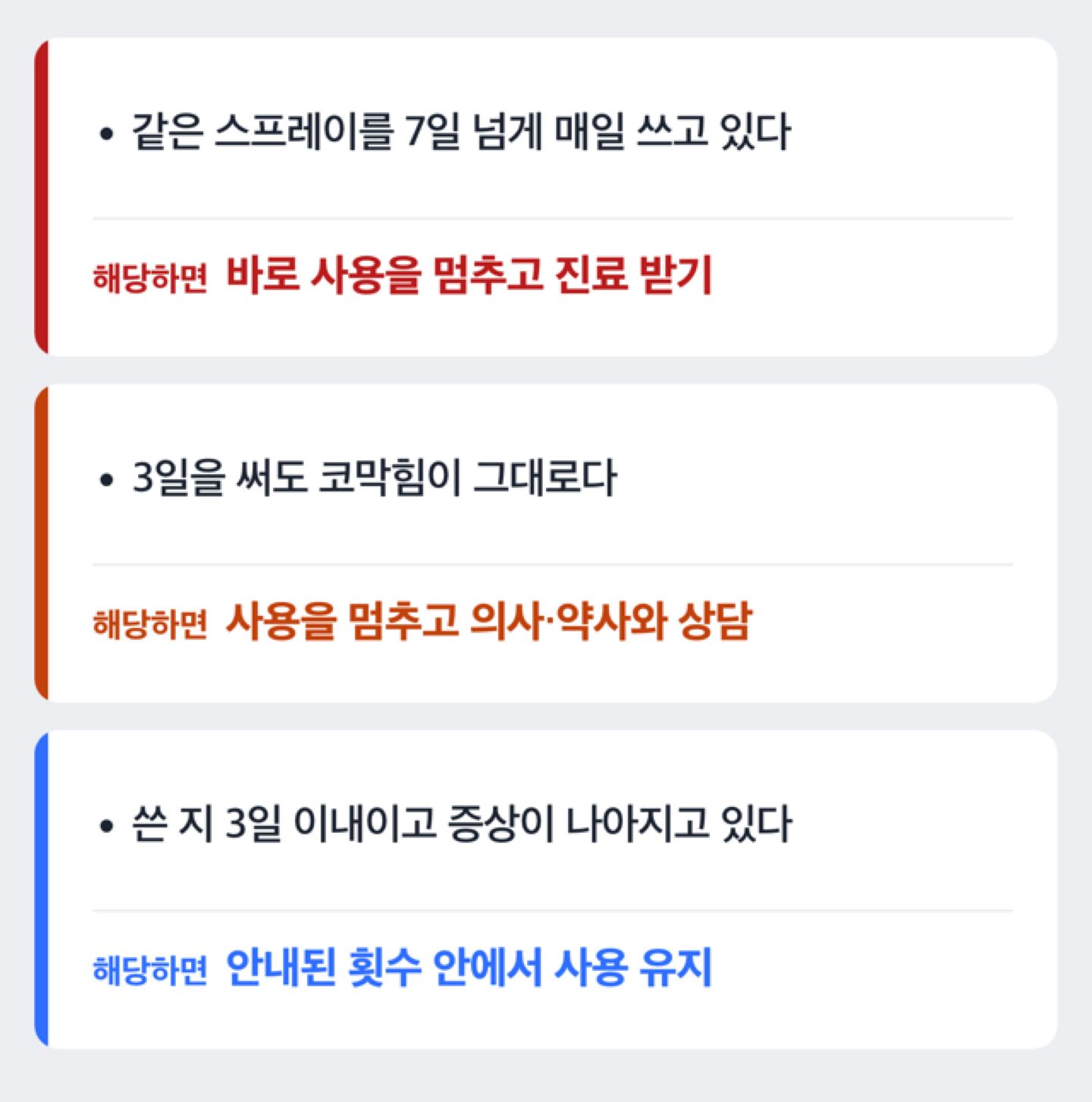 혈관수축제 코 스프레이 사용 기간에 따른 대처 흐름도