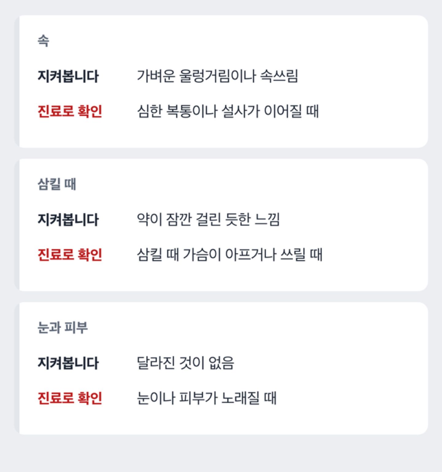 지켜봐도 되는 증상과 진료가 필요한 증상을 속·삼킴·간 세 갈래로 가른 도해