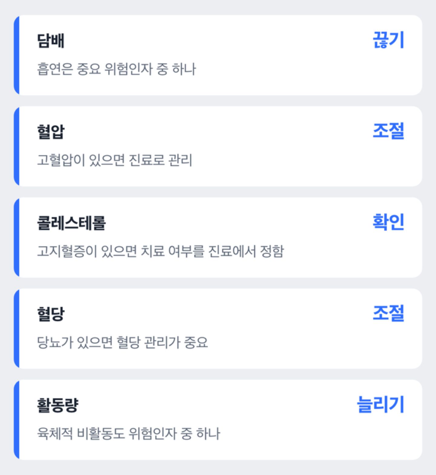 동맥경화 위험인자 관리 항목 도해: 담배 끊기, 혈압 조절, 콜레스테롤 확인, 혈당 조절, 활동량 늘리기