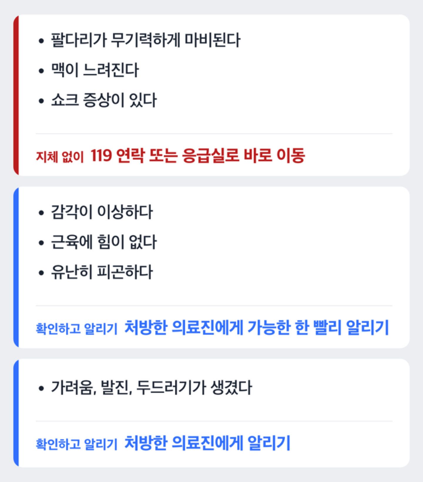 복용 중 변화에 따라 119·응급실 이동과 의료진 알림을 가르는 결정 도해