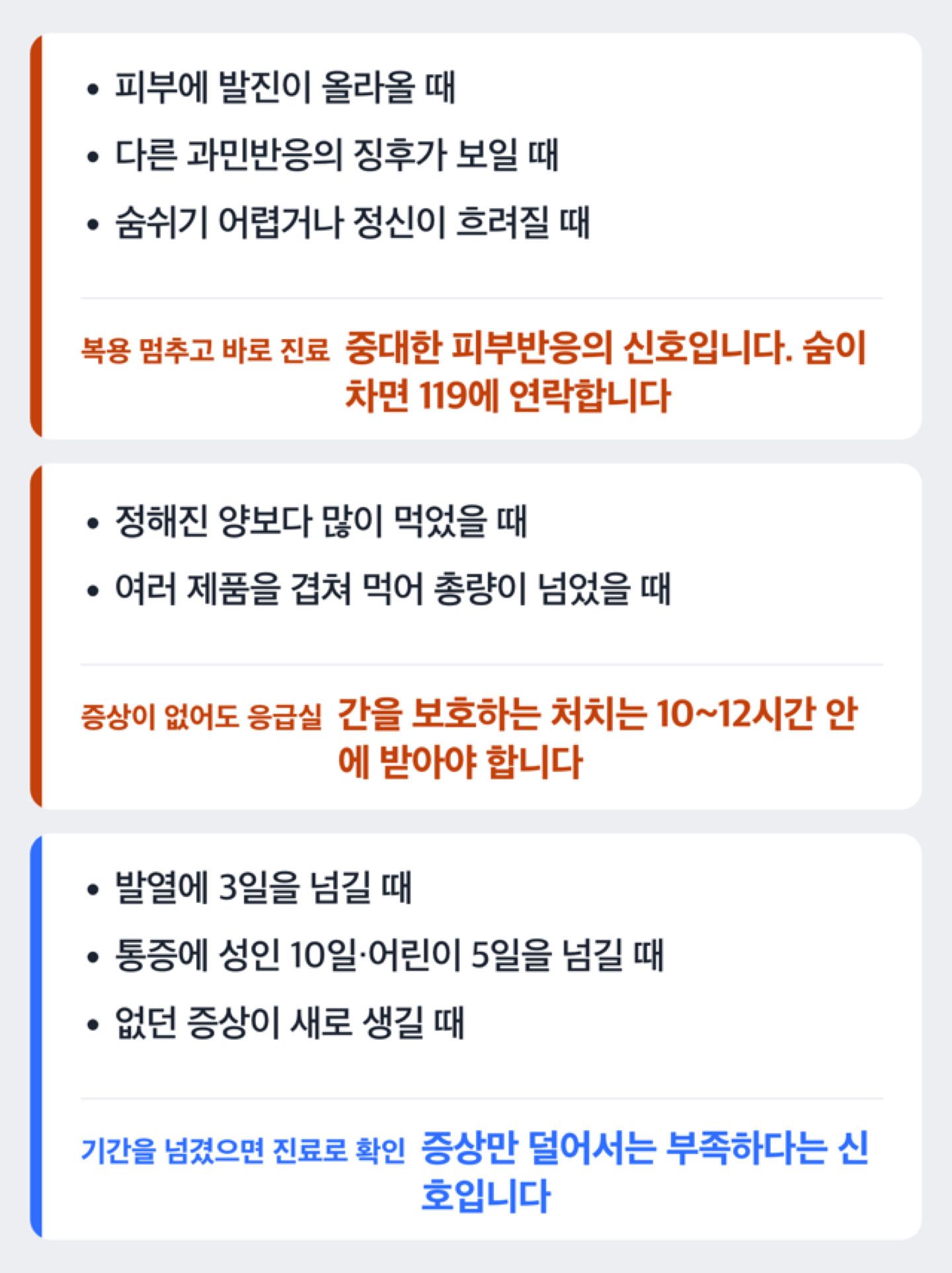 자기 판단으로 복용할 수 있는 기간과 복용을 멈추고 진료를 받아야 하는 신호를 갈래로 나눈 도해