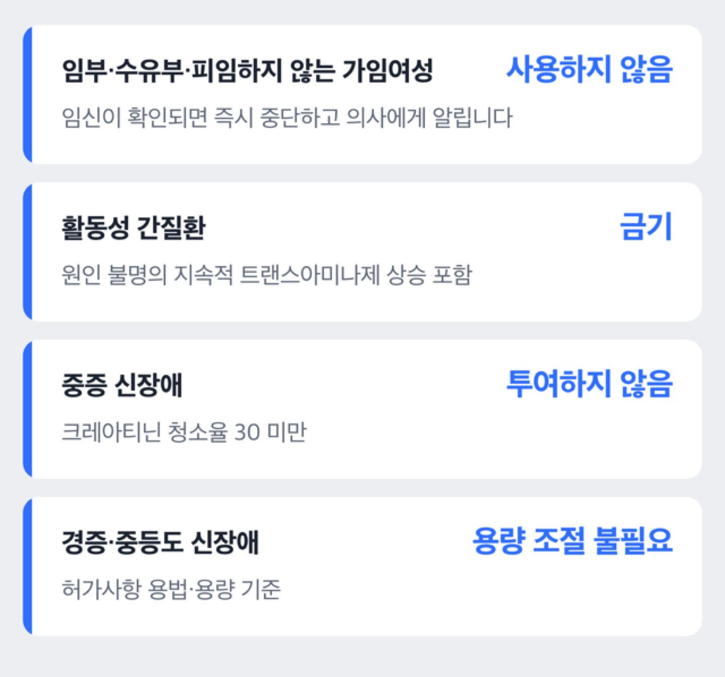 임부·수유부, 활동성 간질환, 신장 기능에 따른 허가사항의 사용 범위를 항목별로 정리한 체크리스트 도해(신체 그림 아님, 진단·처방 지시 아님)