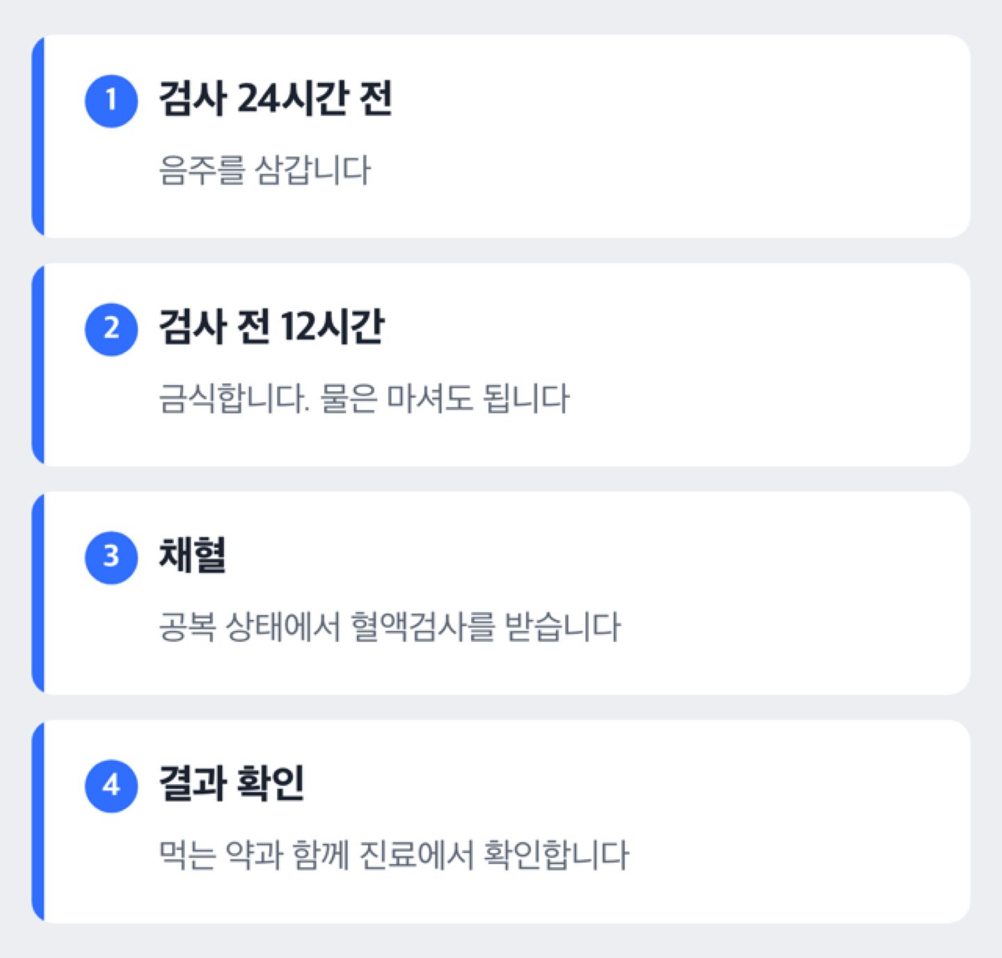 검사 전날부터 결과를 듣기까지 순서를 단계로 보여 주는 도해