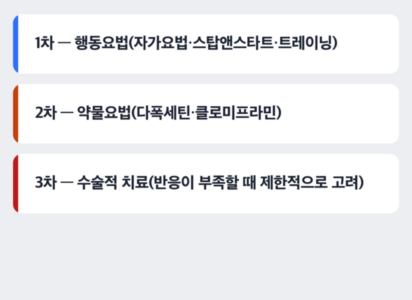 조루증 치료를 행동요법·약물요법·수술적 치료 순서로 보여주는 도해