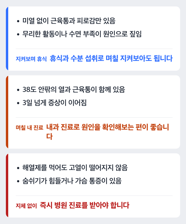 몸살 증상에 따라 병원 방문 시점을 판단하는 갈래 도해