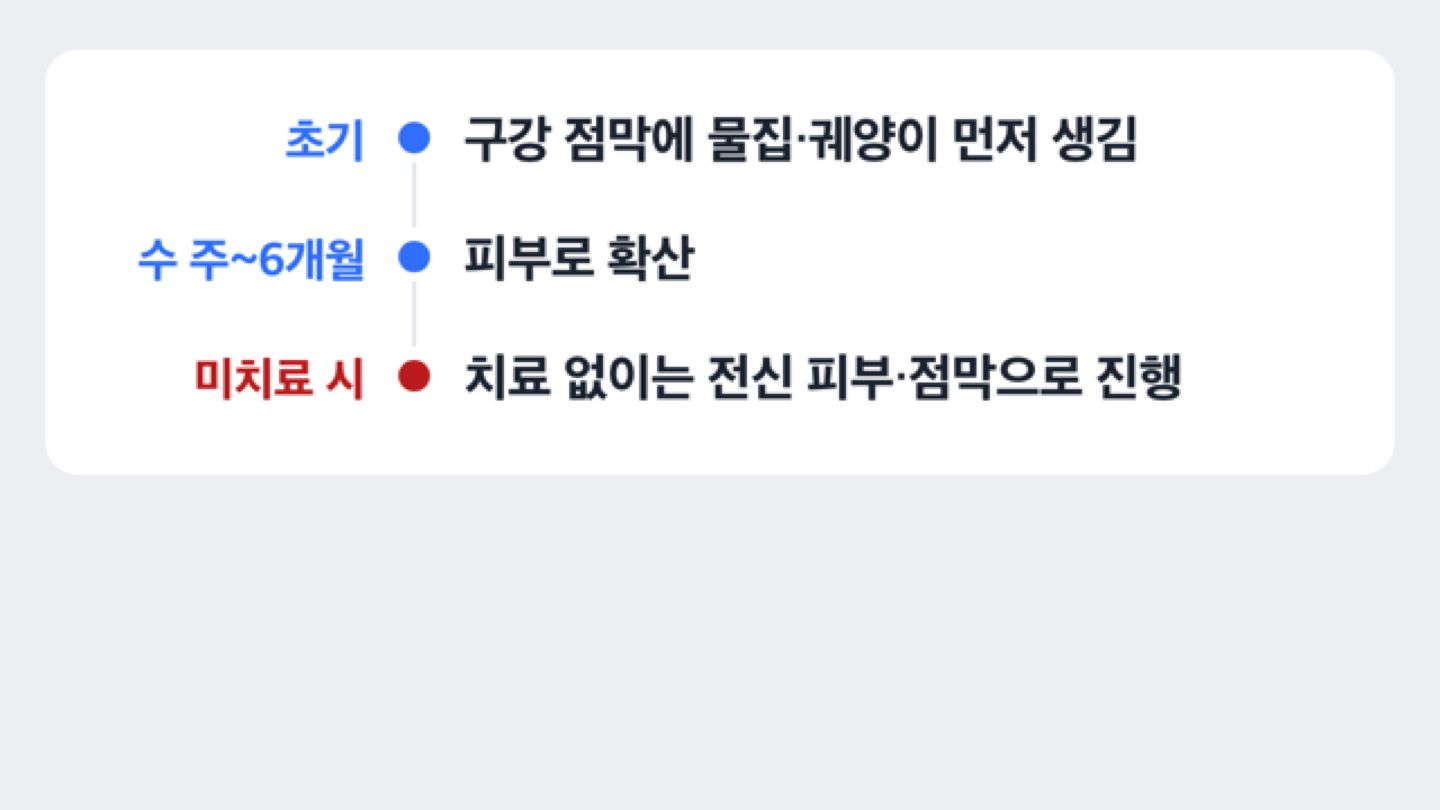 천포창 증상이 구강에서 피부로 번지는 시간 순서를 보여주는 타임라인