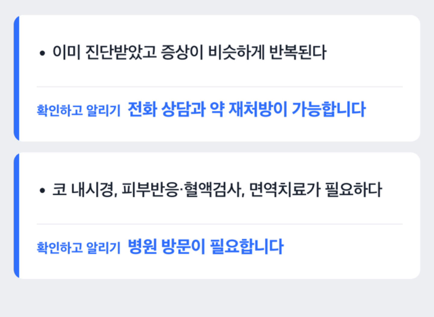 알레르기비염 비대면 진료로 가능한 부분과 대면 방문이 필요한 부분을 나눈 도식