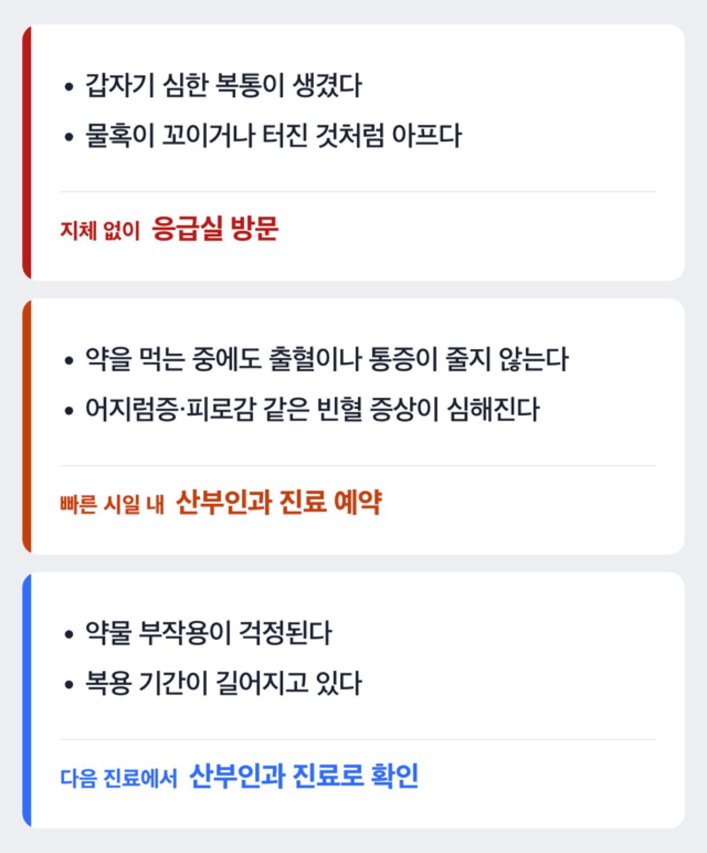 자궁물혹약 복용 중 병원에 가야 하는 신호를 정리한 도해