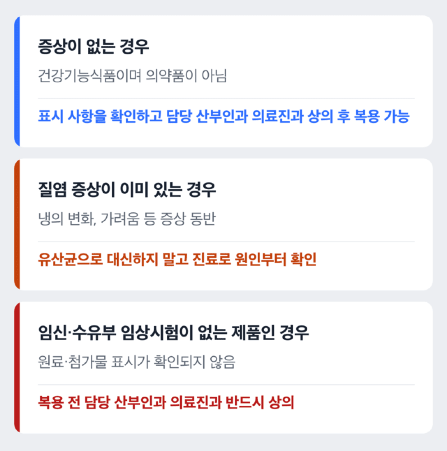 임신 중 질 유산균 섭취 여부를 위험 신호 유무로 판단하는 흐름을 보여주는 도해