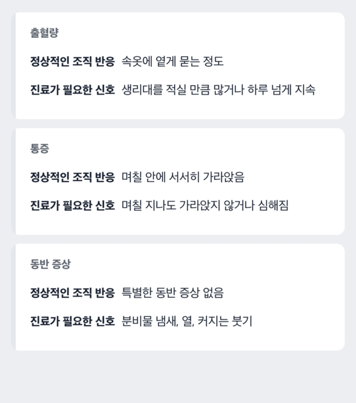 정상적인 조직 반응과 병원에 가야 하는 진료 필요 신호를 나누어 보여주는 도해