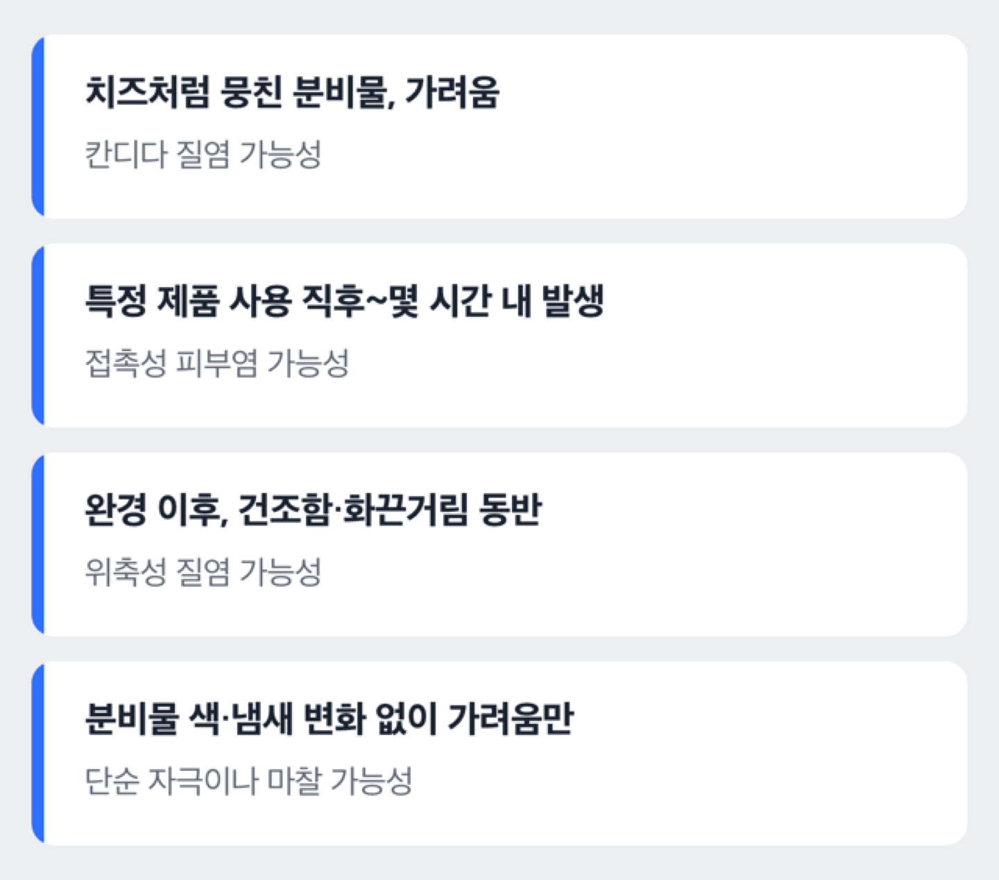 질 주변 가려움 원인 4가지를 분비물 유무와 발생 계기로 자가 확인하는 체크리스트 도해