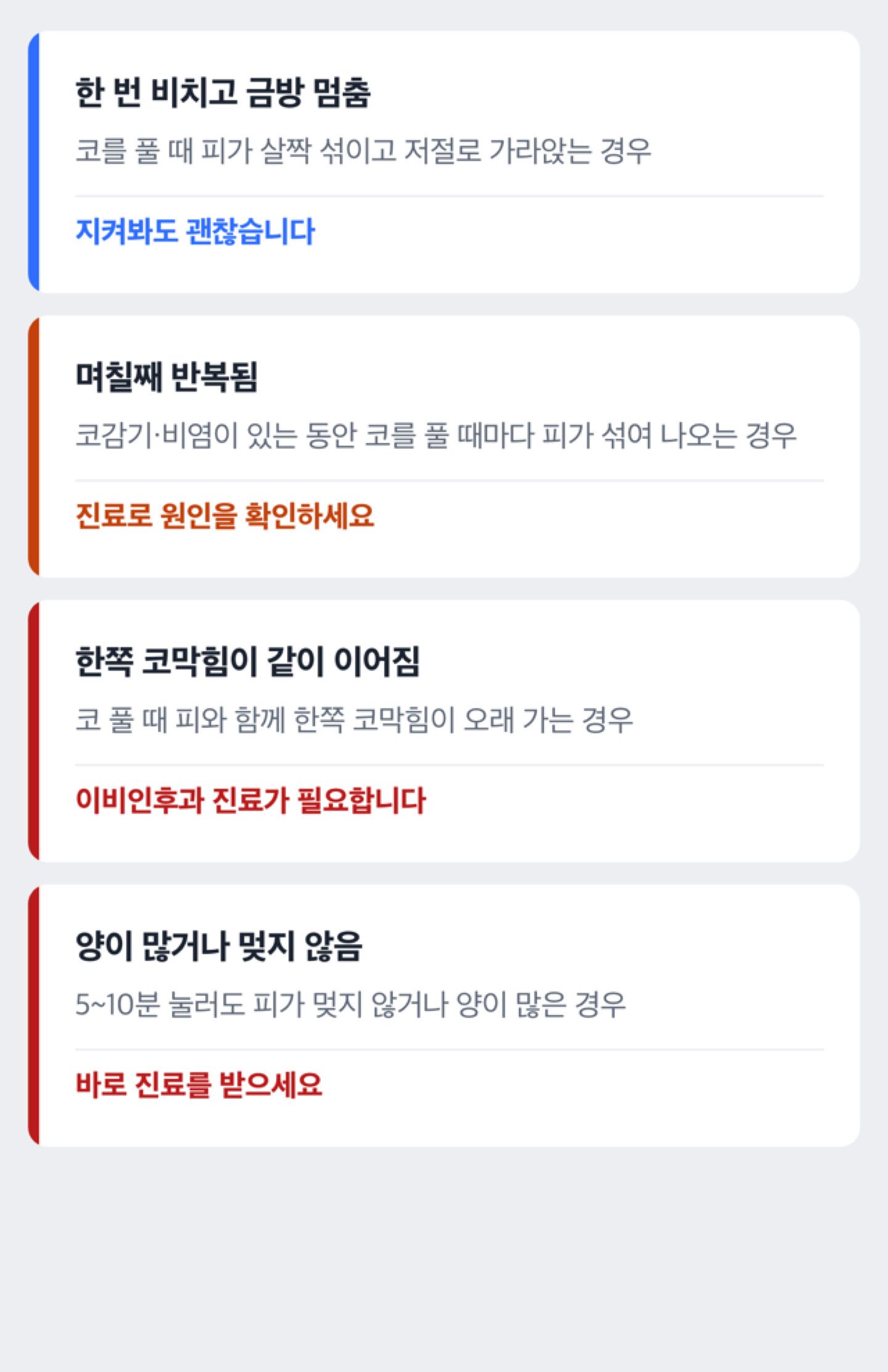 코 풀 때 피가 날 때 지켜봐도 되는 경우와 병원에 가야 하는 경우를 단계별로 보여주는 도해
