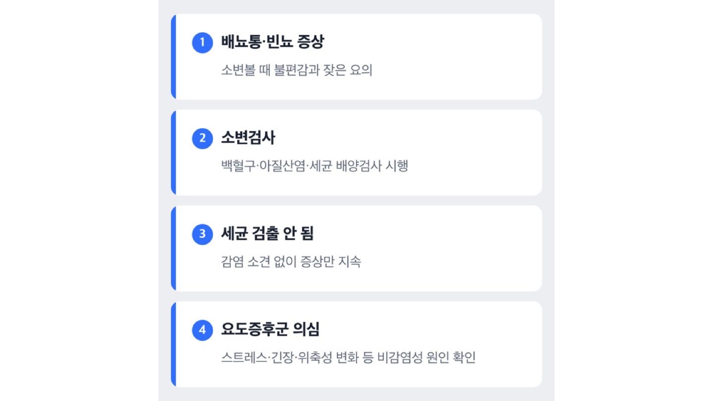 배뇨통 증상에서 소변배양검사를 거쳐 세균이 검출되지 않을 때 요도증후군으로 갈라지는 진단 흐름 도해